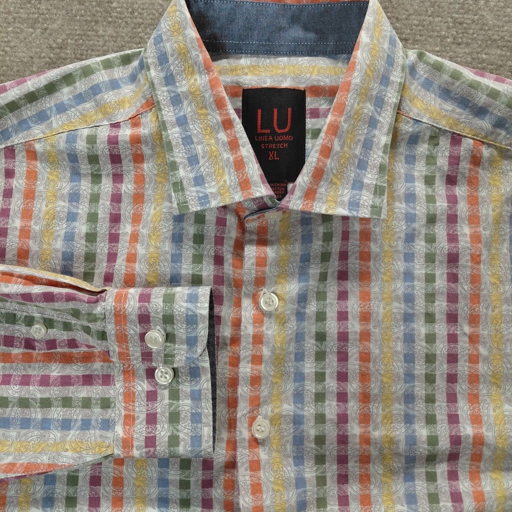 Linea Uomo Button Up Shirt Mens XL Paisley Mutil Color Stripe Long Sleeve Collar